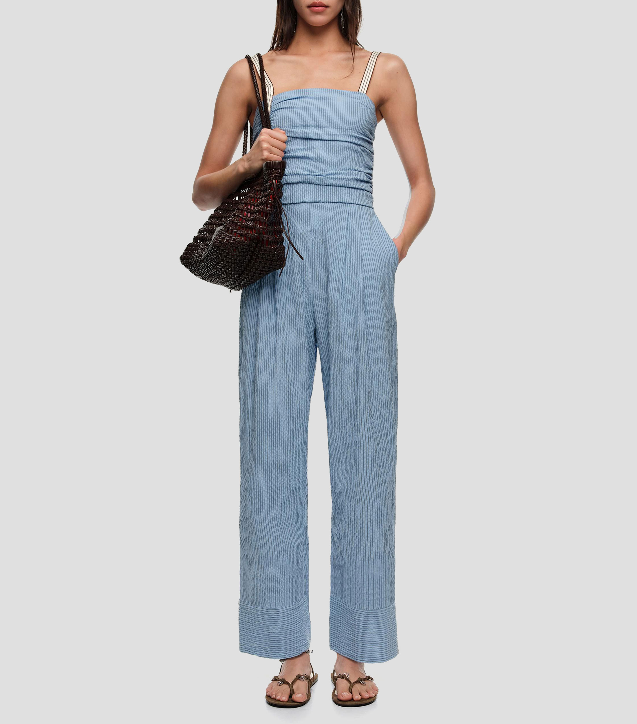 Jumpsuit con tirantes fruncido rayas Mujer